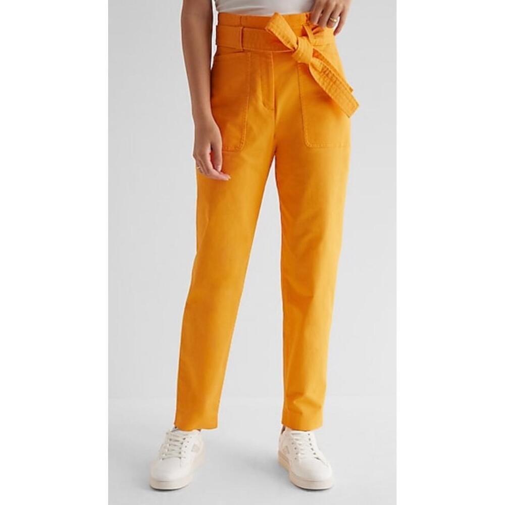 Express Womens Orange Tie Belt High-Waisted Tapered Pants Cotton